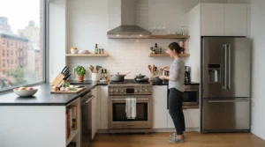 A compact satin chrome ceiling fan for modern kitchen space in a city centre apartment.