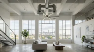 An elegant satin chrome ceiling fan for modern kitchen fitted in a spacious Victorian terrace renovation.