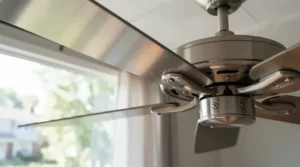Close-up of a smooth satin chrome ceiling fan for modern kitchen reflecting natural light above a breakfast bar.
