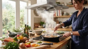 A satin chrome ceiling fan for modern kitchen circulating air during meal preparation on a warm afternoon.