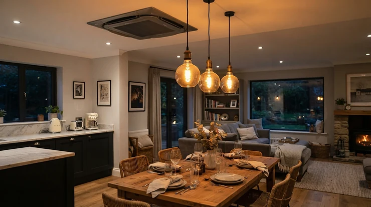 Evening ambiance featuring a satin chrome ceiling fan for modern kitchen operating quietly over dining space.