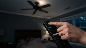 Using the remote to set the sleep timer ceiling fan before going to bed.