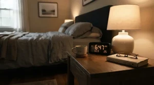 Checking the sleep timer ceiling fan status on a bedside smart home display.