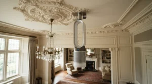 A smart programmable ceiling fan featuring automated airflow adjustment in a Victorian terrace house interior.