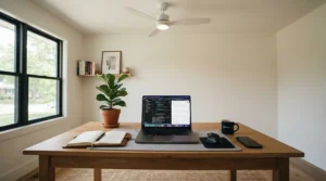 A budget friendly auto off cooling solution using timer ceiling fans in a spare bedroom office.