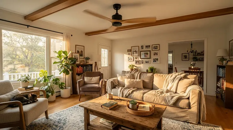 Modern living room featuring energy efficient timer ceiling fans helping households reduce electricity bills.