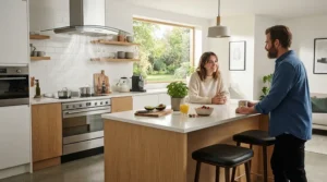 Affordable value for money timer ceiling fans installed in a contemporary British kitchen space.