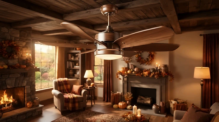 A timber-bladed year-round ceiling fan complementing a warm, autumnal interior colour scheme.