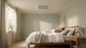 A quiet year-round ceiling fan circulating air softly in a peaceful master bedroom during transitional weather.