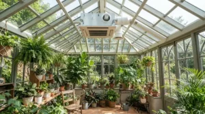 A durable year-round ceiling fan regulating temperature effectively in a glass-roofed conservatory.