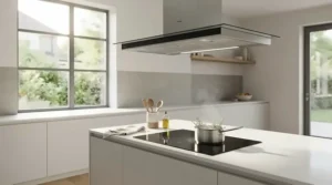 An energy-efficient year-round ceiling fan installed in a bright open-plan kitchen and dining area.