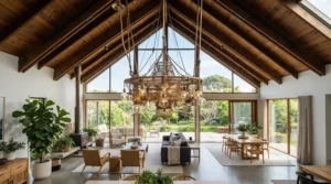 A reliable year-round ceiling fan mounted on a high vaulted ceiling in a family townhouse.