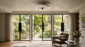 A stylish year-round ceiling fan helping to maintain a comfortable temperature during unpredictable spring weather.