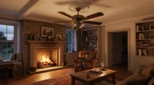 A year-round ceiling fan operating in reverse to gently push warm air down in a cosy Victorian lounge.